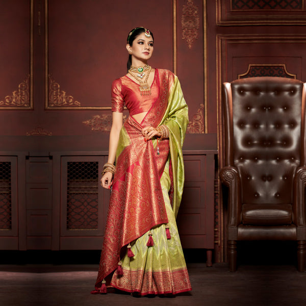 Green and Red Contrasted Kanjiwaram Saree Adorned with Saroski