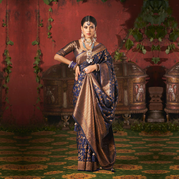 Women Silk Satin Saree in Blue Adorned with Heavy Gold Work