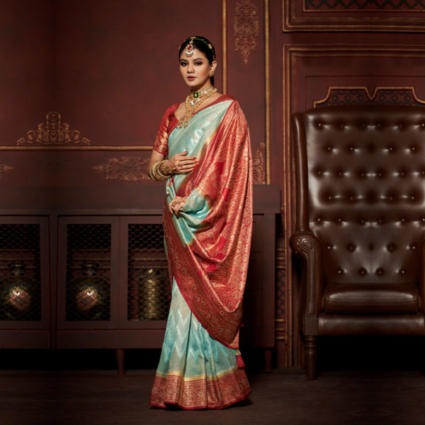 Beautifully Contrasted Sea Green and Red Silk Saree