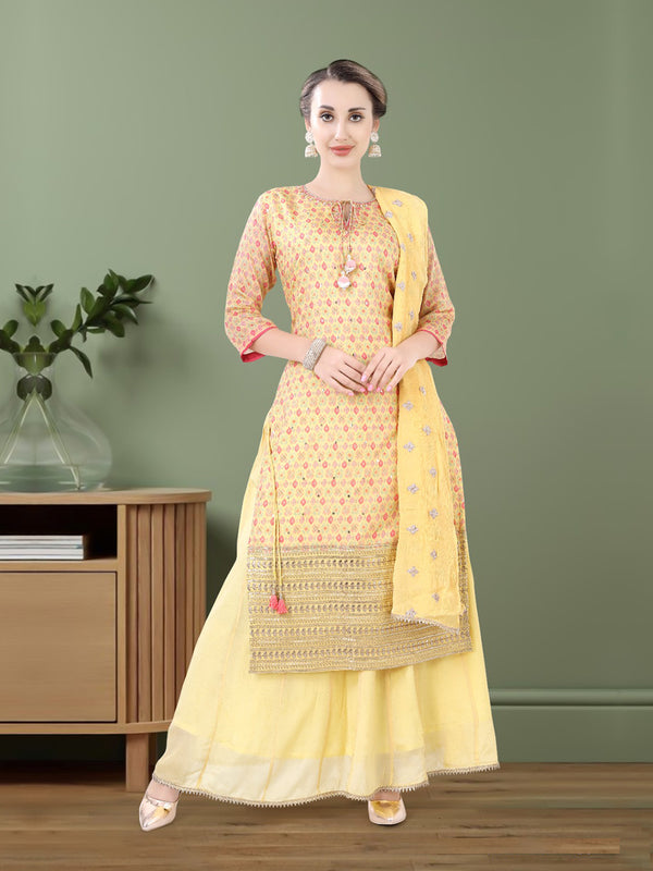 Magnificent Yellow Hue Suit for Women  Enriched with Pink Design