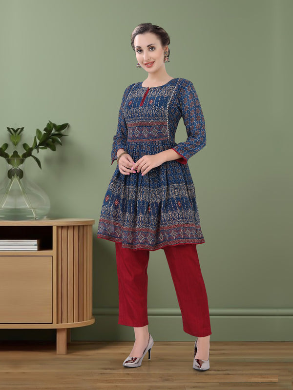 Frock Style Blue Short Kurti With Red Pants