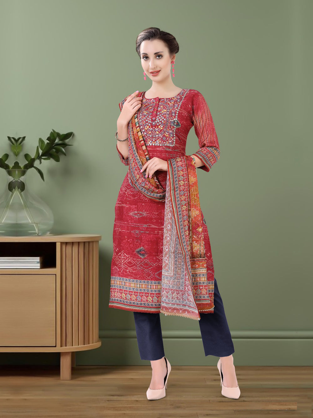 Lovely Combination Of Red And Blue Pant Suit