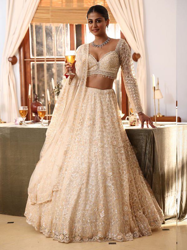 Luxurious Cream Peach Full Sleeve Embellished Lehenga