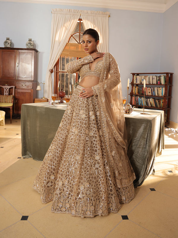 Elegant Burnt Coral All-Over Embroidered Mesh Lehenga