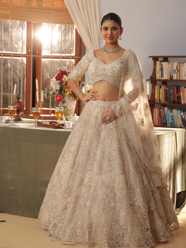 Delicate Light Cream Floral Embroidered Lehenga