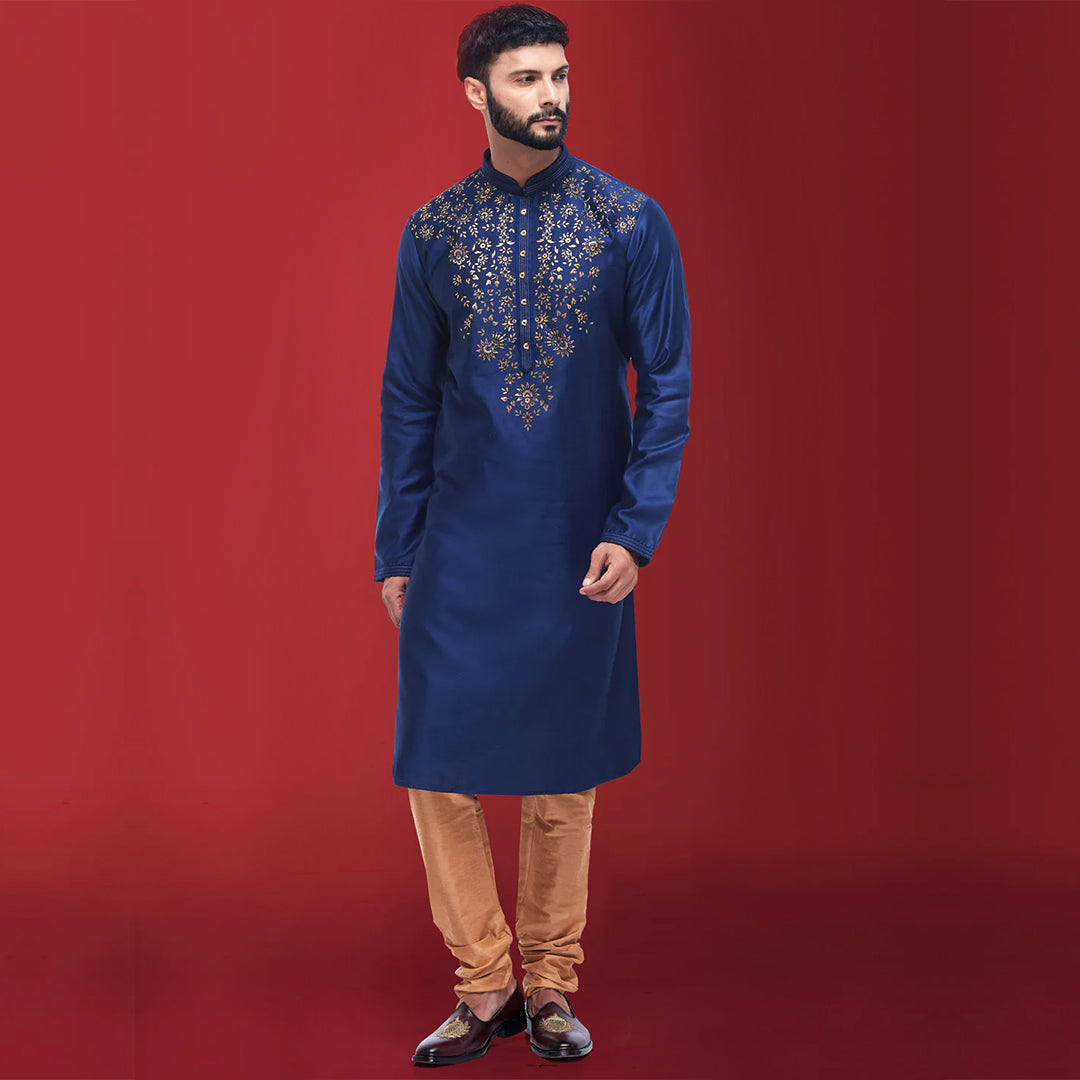 Shining Royal Blue Kurta in Cotton Silk for Men – Suvidha Fashion