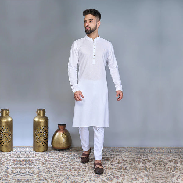 Pure White Silk Kurta Pyjama Set With Mandarin Collar And Full Sleeves