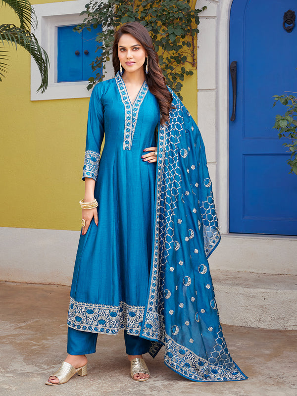 Azure Blue Embroidered Anarkali Suit with Silver Threadwork Elegance