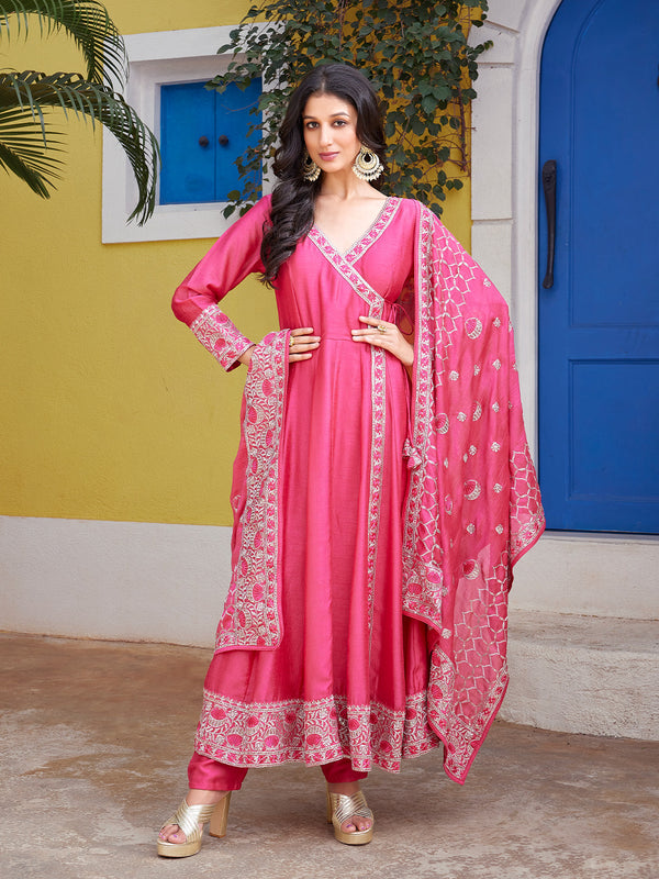 Rosette Pink Embroidered Anarkali Suit with Intricate Silver Detailing