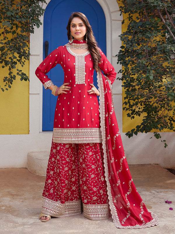 Crimson Red Palazzo Suit with Intricate Gota Patti Work