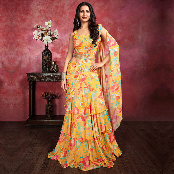 Retro style frilled saree in saffron hue