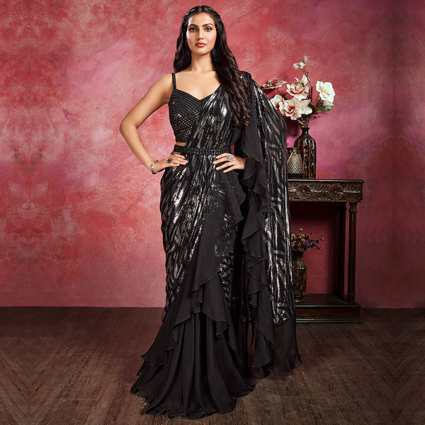 Classy Shimmer Style Silver and Black Saree