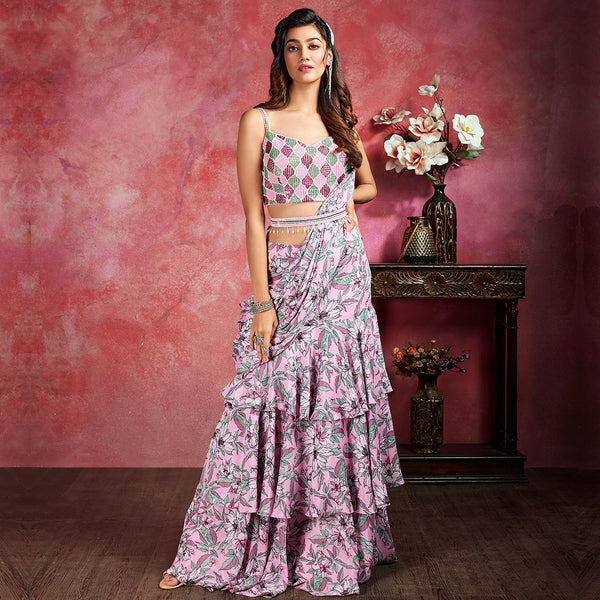 Baby Pink Printed Frilled Ready to Wear Saree