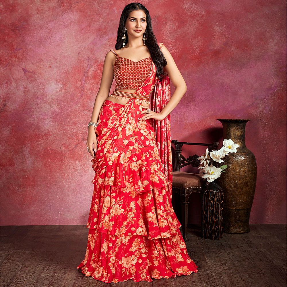 Floral Red Printed Frilled Saree