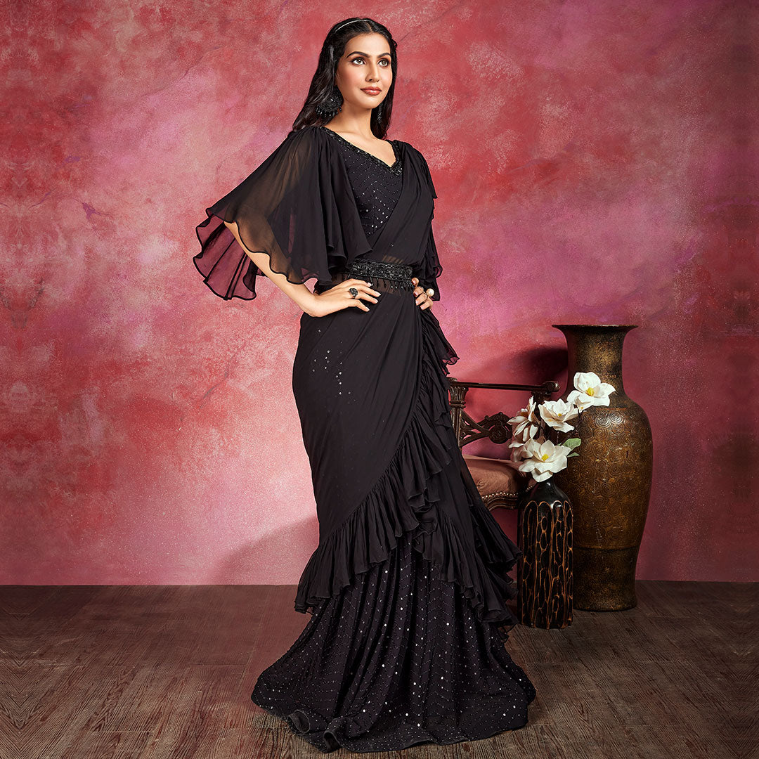 Minimally Sequined Black Saree with Flared Sleeve Blouse Suvidha Fashion