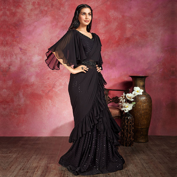 Minimally Sequined Black Saree with Flared Sleeve Blouse