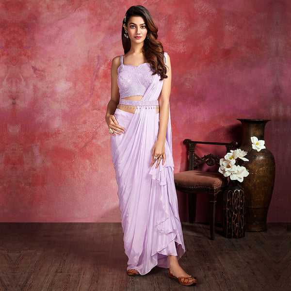 Beautiful Lilac Hue Dhoti Style Ready Saree