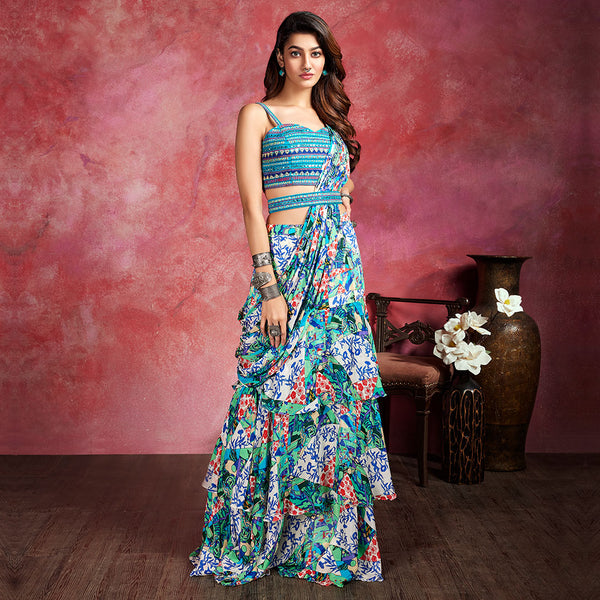 Classic Blue Printed Retro Style Saree