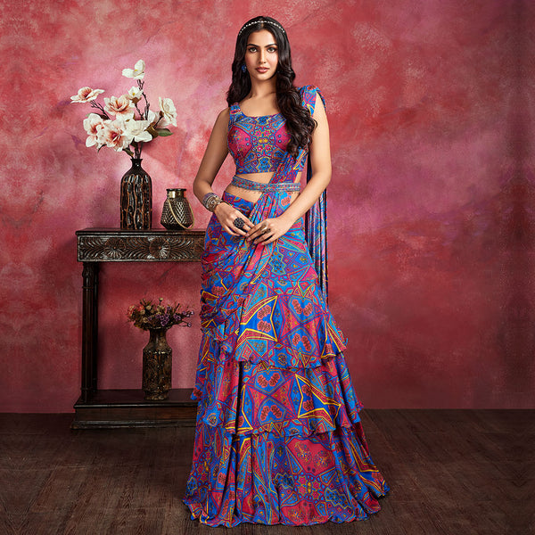 Electric Blue Frilled Printed Saree