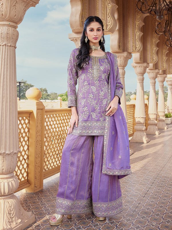 Lavender Lilac Embroidered Palazzo Suit with  Zari Accents