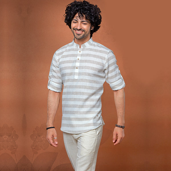 Mandarin Collar Short Kurta in Grey and White Stripe Print