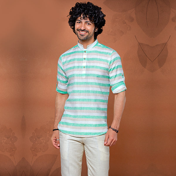 Striped Green and Grey Printed Short Kurta