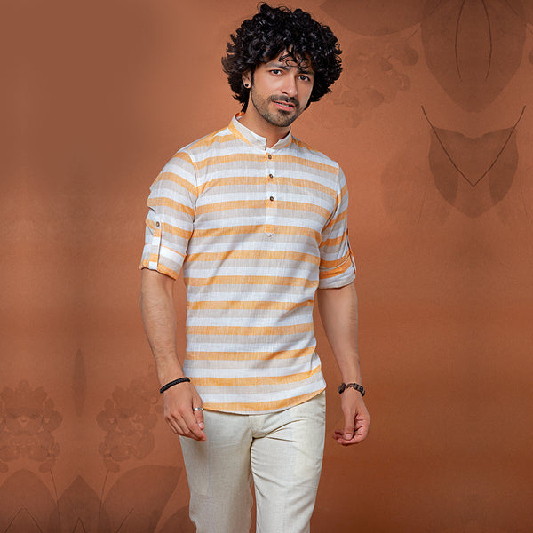 Striped Orange and White Printed Short Kurta