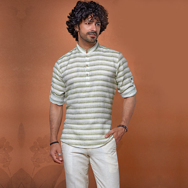 Charming Green and White Striped Mandarin Collar Kurta