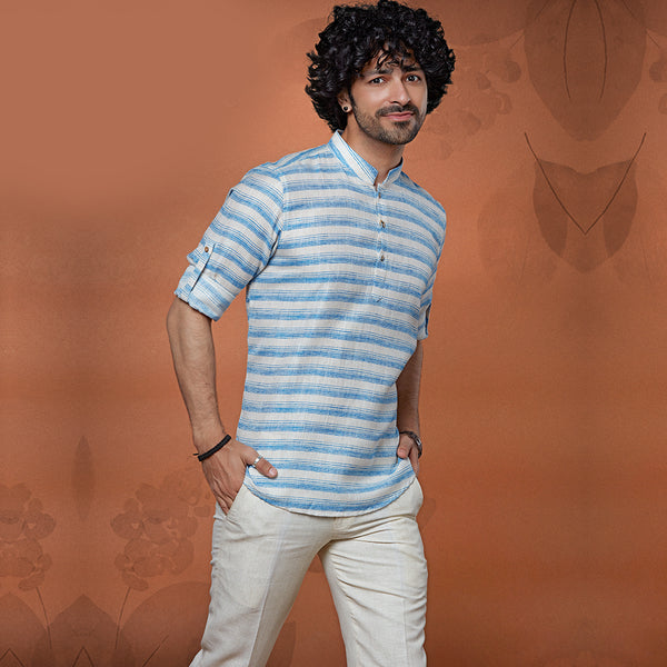 Elegant White and Blue Striped Mandarin Collar Kurta