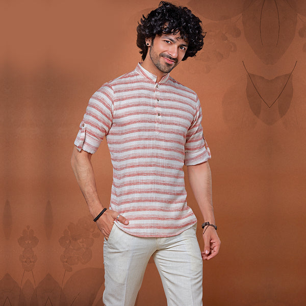 Stripred Red and White Printed Short Kurta