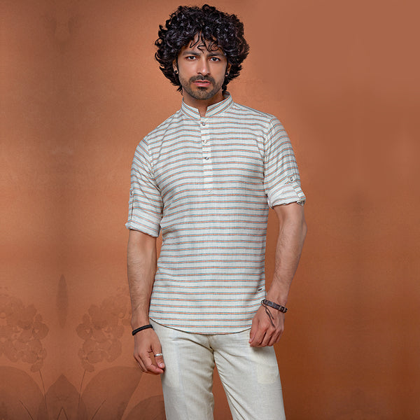 White and Red Striped Short Kurta for Men