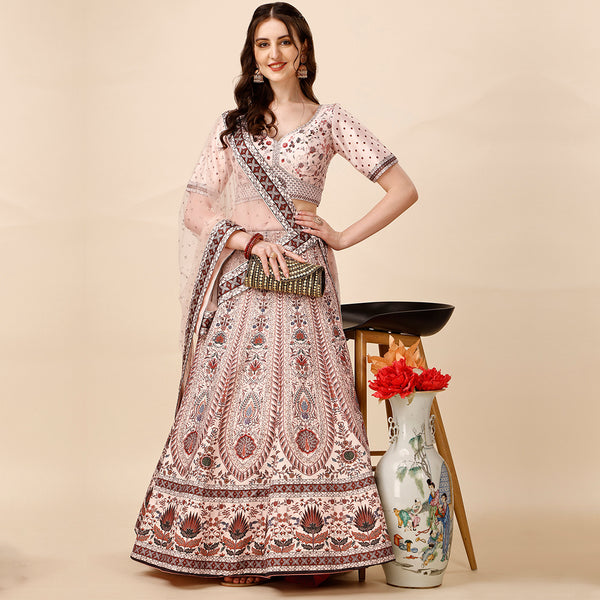 Soft Cream and Maroon Embroidered Lehenga Set