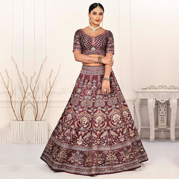 Dark Maroon Lehenga Set with Beige Dupatta