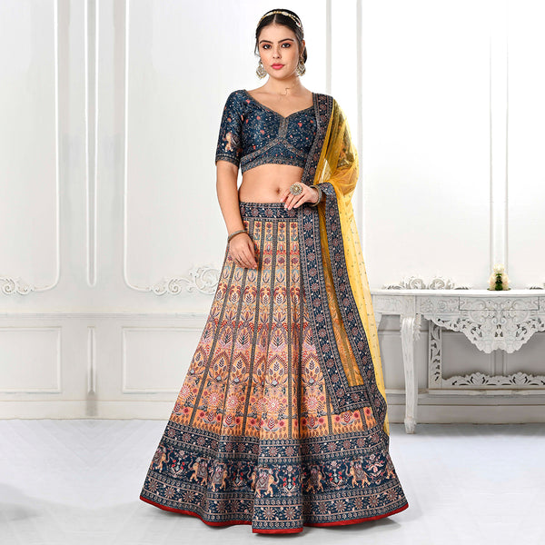 Turqoise and Yellow Embroidered Lehenga Set