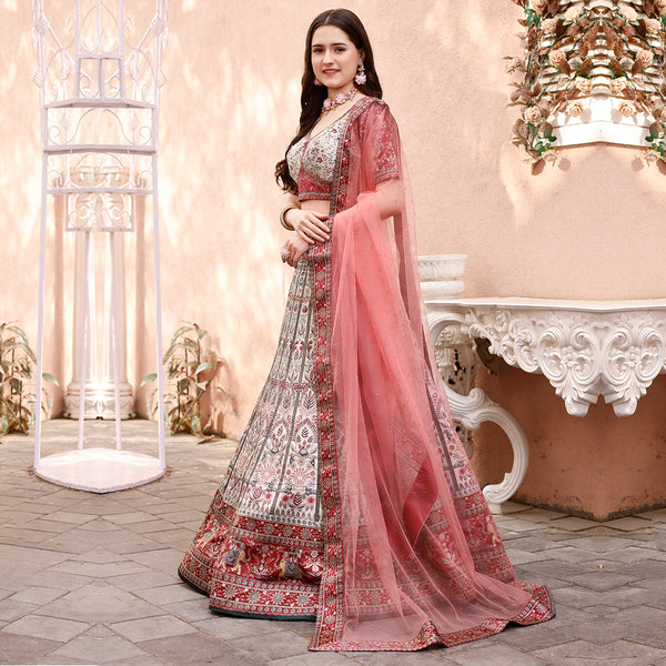 White and Pink Embroidered Lehenga Set