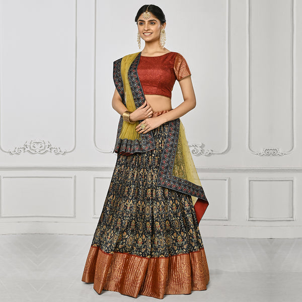 Red Brocade and Multi-coloured Lehenga Set