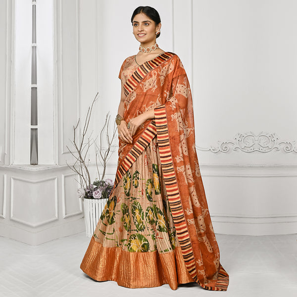 Orange and Wheat Tone Banarsi Lehenga Set