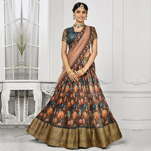 Dark Grey and Peach Pleated Lehenga Set