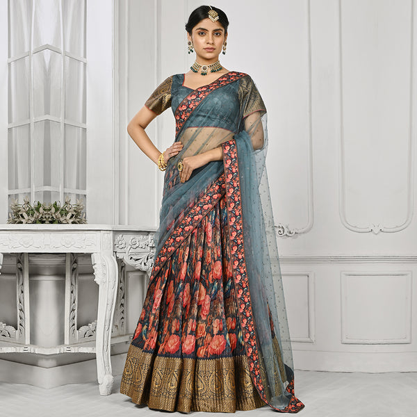 Slate Grey Floral Motifs Pleated Lehenga Set