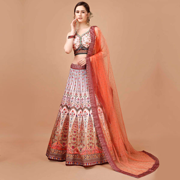 Red and Off-white Lehenga Set