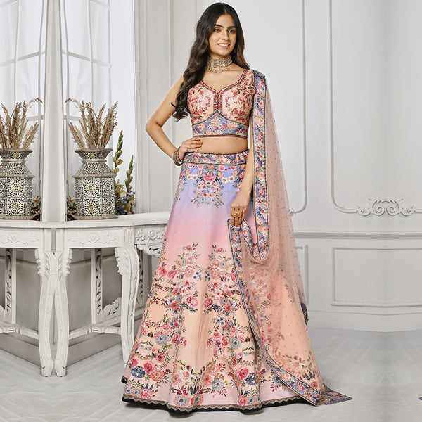 Light Peach and Lilac Floral Embroidery Lehenga Set