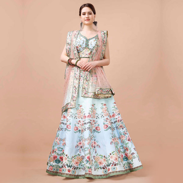 White and Peach Floral Embroidered Lehenga Set