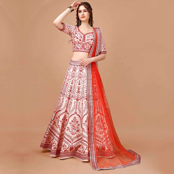 Pearl White and Red Lehenga Set