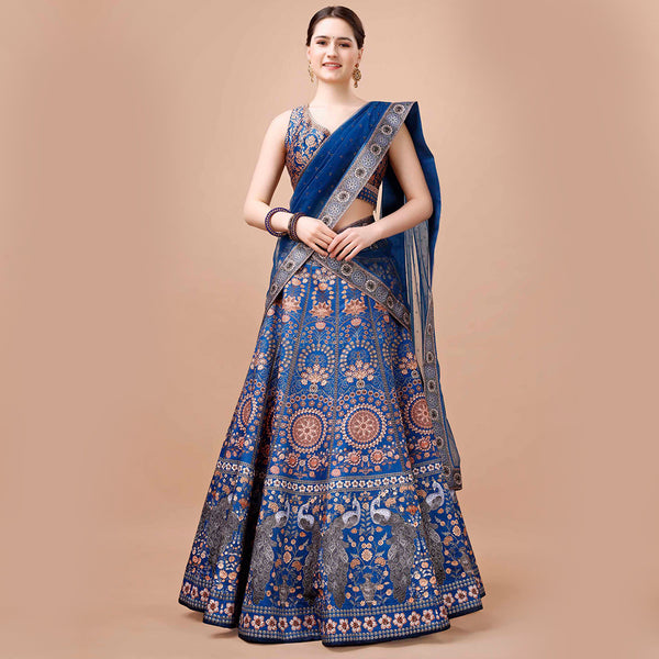 Royal Blue Peacock Printed Lehenga Set