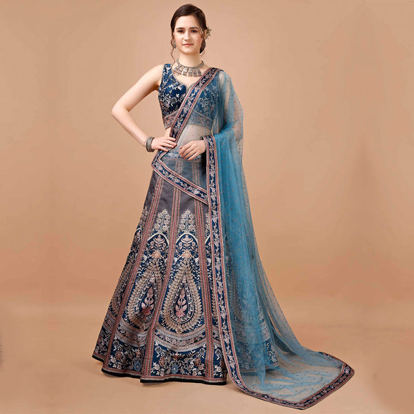 Slate Grey and Blue Brocade Lehenga Set