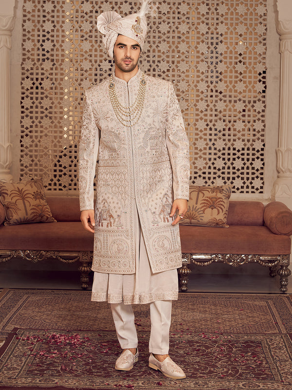 Light Gold animal motif sherwani set