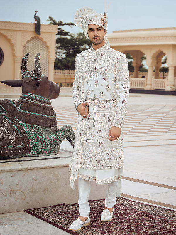 Grand Floral Embroidered White Silk Long Sherwani