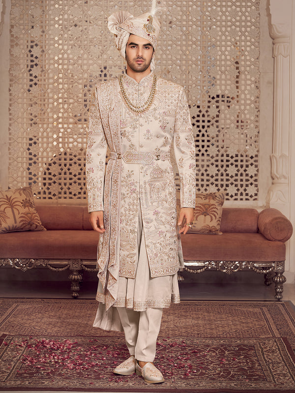 Intricate Sash Light Grey Gold Bandhgala sherwani