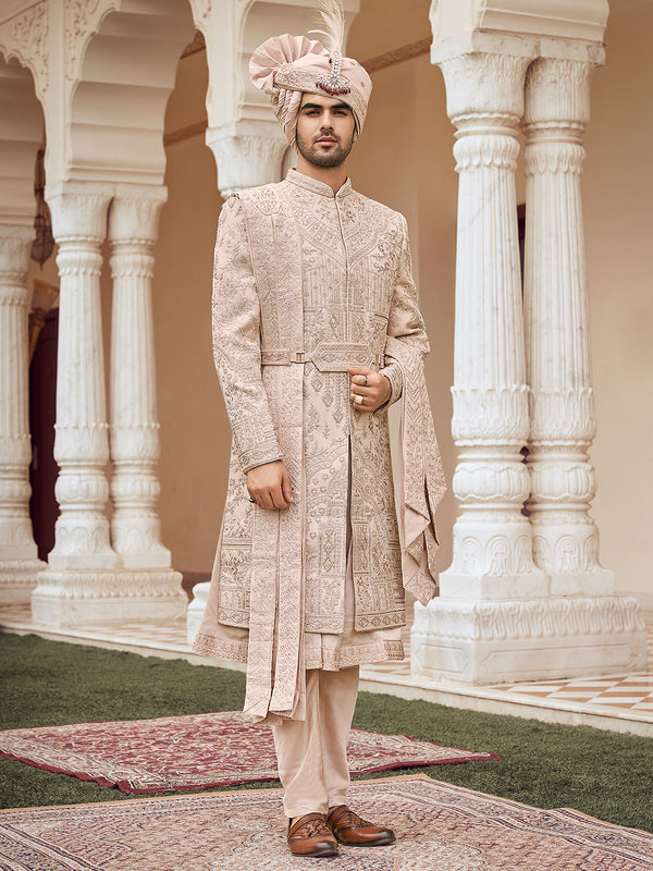 Structured Sash Light Greyish Pink Sherwani