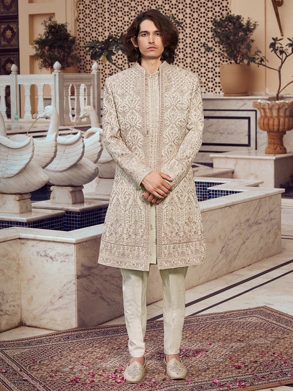 Structured Light Gold Minimalist Pleated Front Bandhgala